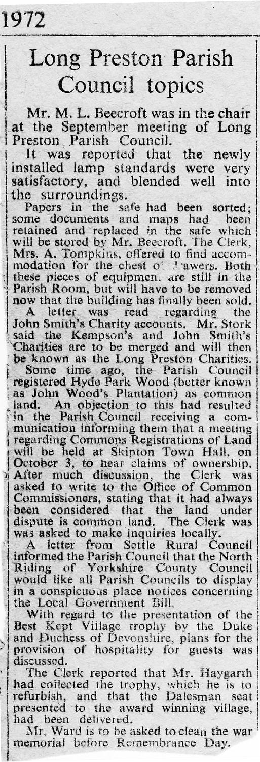 Craven Herald Sept 1972 - Parish Council.JPG - Report of meeting of Long Preston Parish Council -September 1972 - Craven Herald